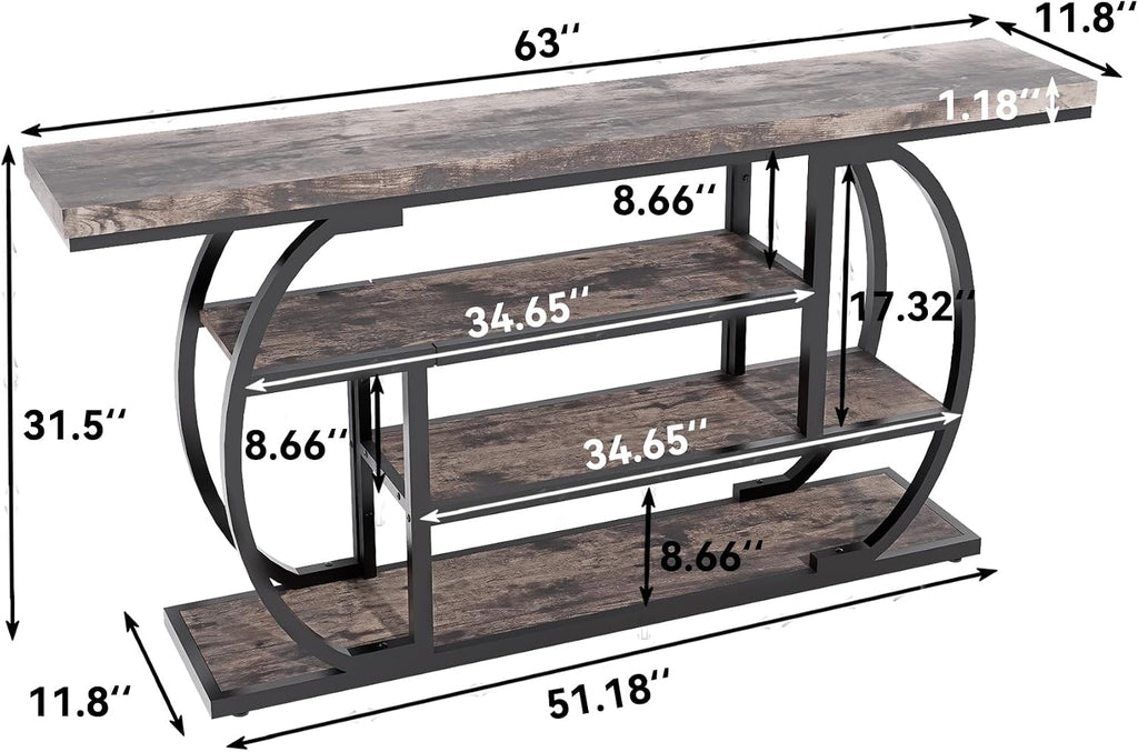 63" Narrow Console Table with Storage, 4-Tier Sofa Table Behind Couch, Industrial Entryway Accent Table with Metal Frame for Living Room, Hallway, Foyer
