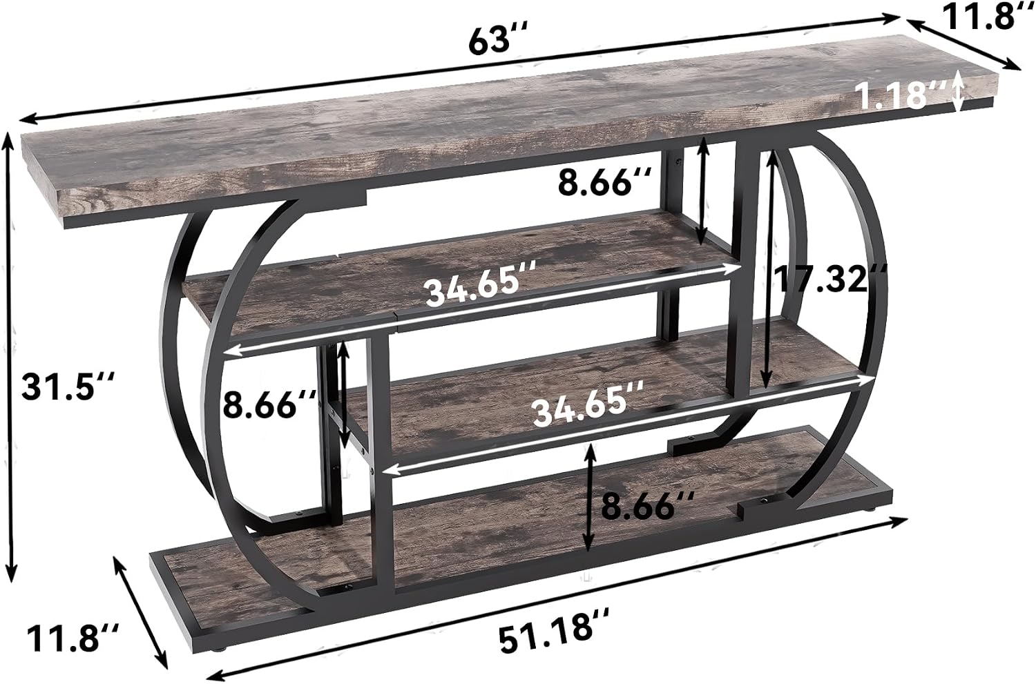 63" Narrow Console Table with Storage, 4-Tier Sofa Table Behind Couch, Industrial Entryway Accent Table with Metal Frame for Living Room, Hallway, Foyer