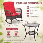 ORALNER 3 Pieces Patio Furniture Wicker Rocker Set, Outdoor Rocking Chairs with Cushions, Pillows, Glass Coffee Table, Rattan Bistro Set for Balcony Front Porch Poolside Garden Deck (Red)