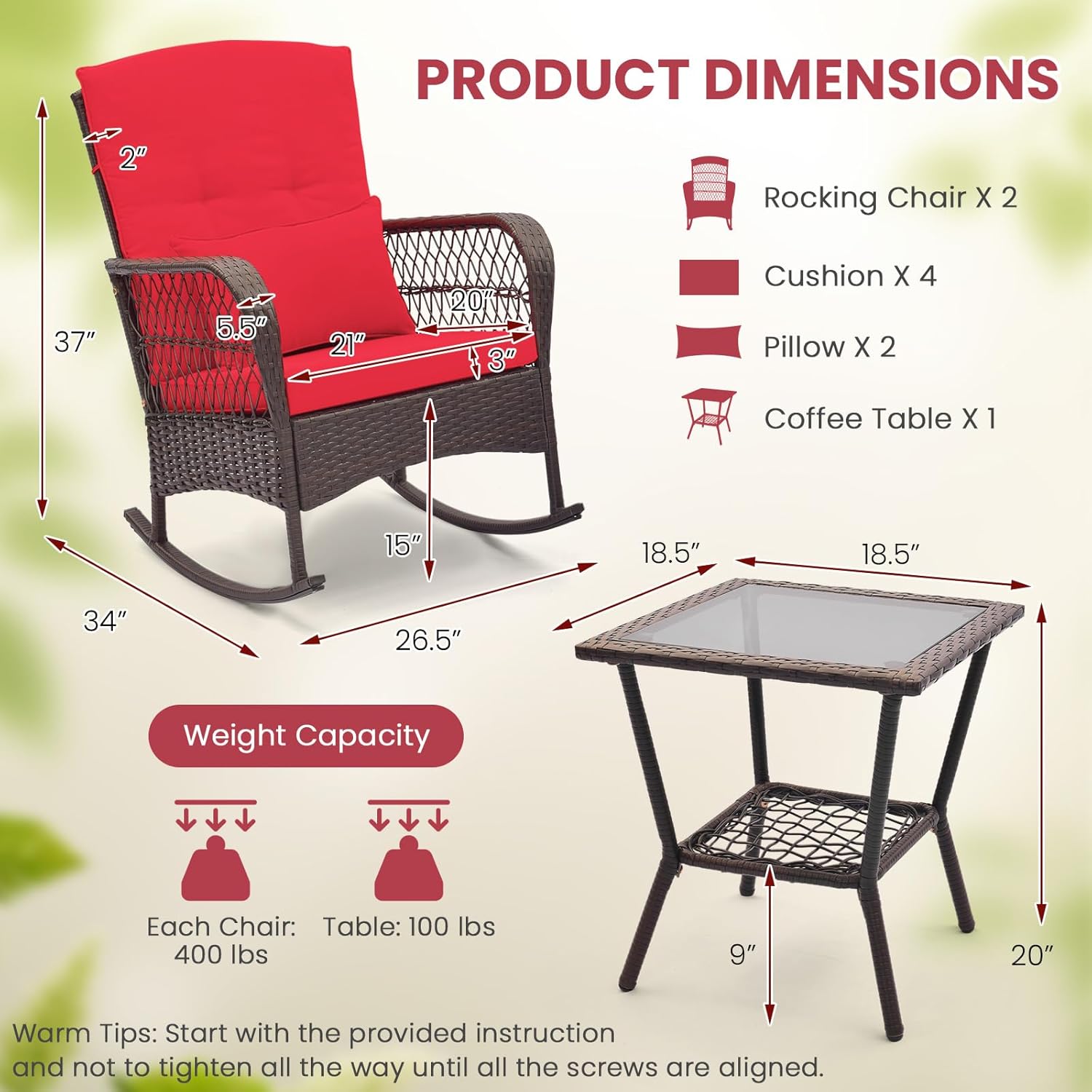 ORALNER 3 Pieces Patio Furniture Wicker Rocker Set, Outdoor Rocking Chairs with Cushions, Pillows, Glass Coffee Table, Rattan Bistro Set for Balcony Front Porch Poolside Garden Deck (Red)