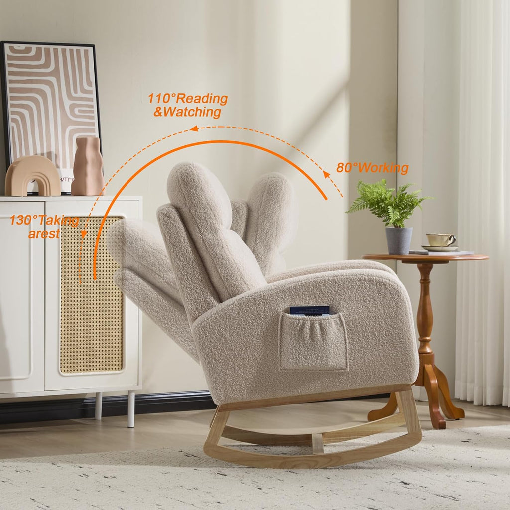 Modern Accent Rocking Chair with Solid Wood Legs, 19 Inch Wide Upholstered Nursery Glider Rocker, Comfy Armchair with Side Pocket, Living Room Lounge Arm Chair with High Backrest (Beige No Footrest)