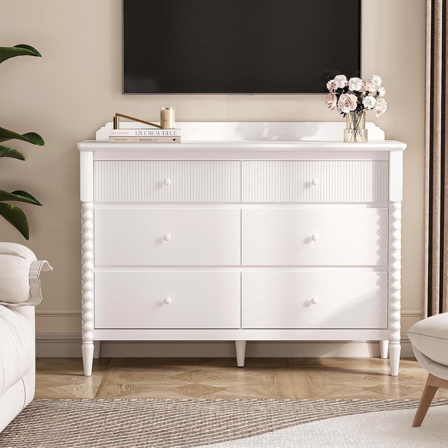 JOINICE White Nursery Dresser for Kids Bedroom, 6 Drawers for Storage | Jenny Lind Spindle Legs Dresser, Baby Clothes Organizer for Toddlers, Children's Room, Anti-tip Kit for Safety