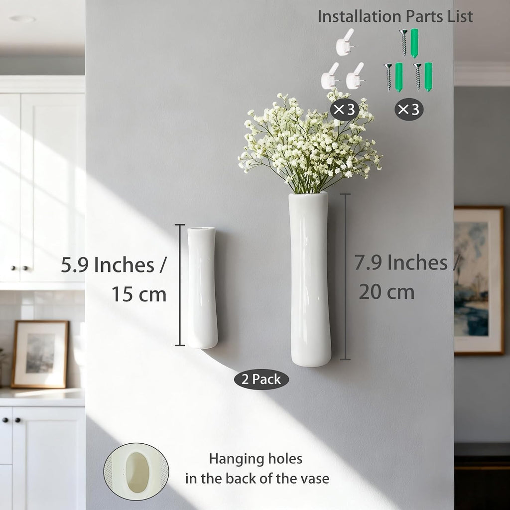 Set of 2 Wall Ceramic Vase, White Matte Hanging Wall Vase, Modern Minimalist Ceramic Vases for Dried or Fresh Flowers, Easy Mount Decor for Living Room & Entryway