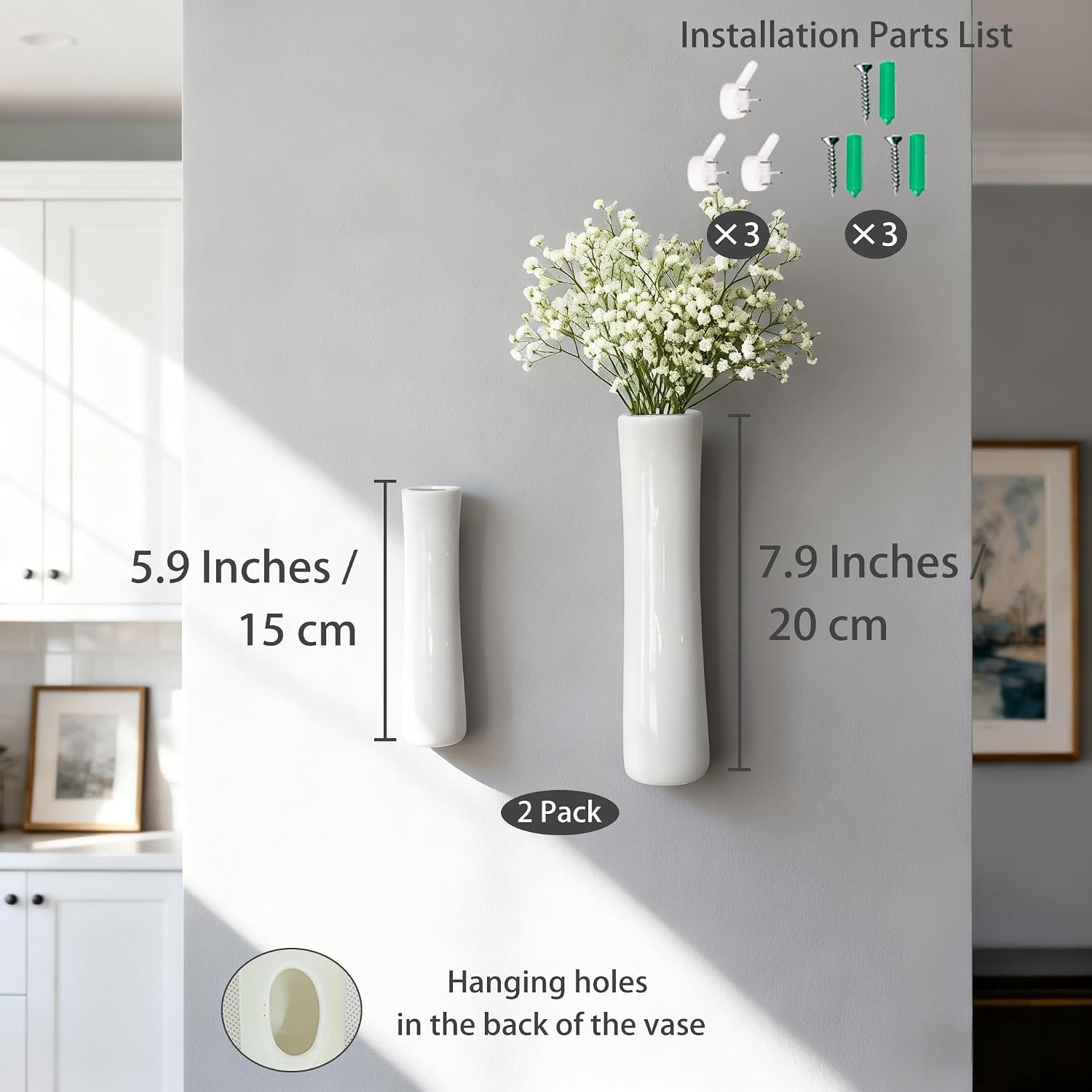 Set of 2 Wall Ceramic Vase, White Matte Hanging Wall Vase, Modern Minimalist Ceramic Vases for Dried or Fresh Flowers, Easy Mount Decor for Living Room & Entryway