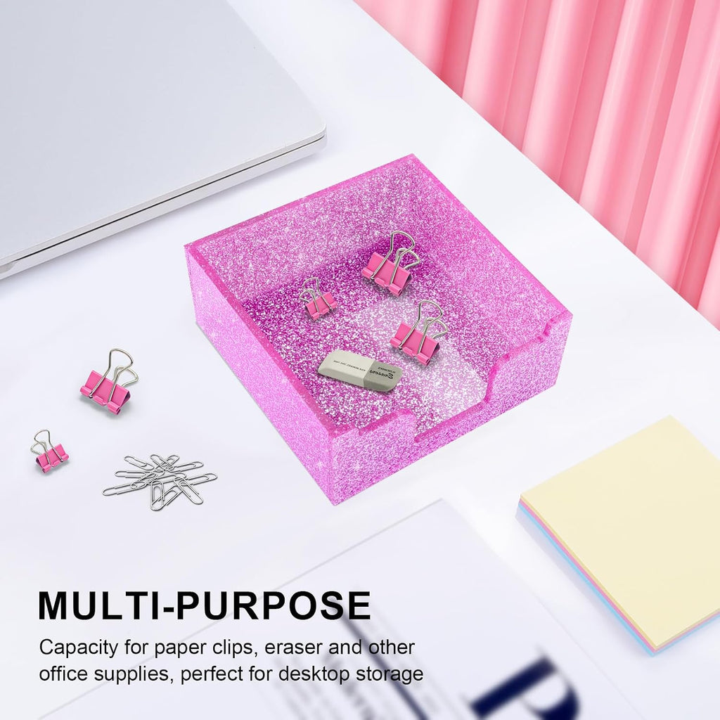 Rouidr Acrylic Sticky Note Holder, Self Stick Note Pad Holder, 3.94 x 3.94 Inch Glitter Memo Pad Dispenser Organizer for School Office Home Desk Supplies, Pink