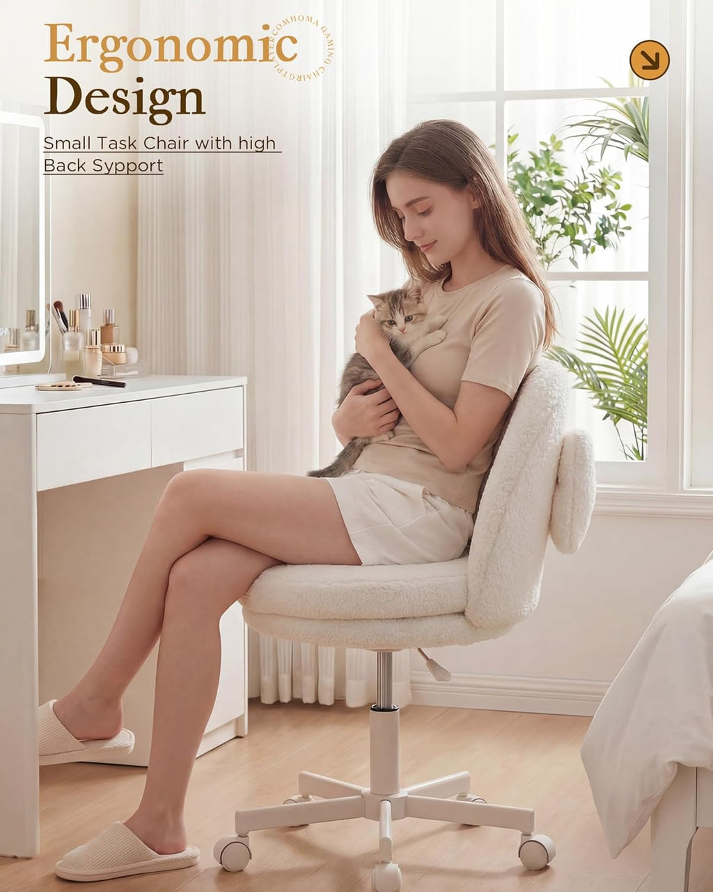COMHOMA Vanity Chair with Wheels Velvet Tall Office Chair with Back,Armless Desk Chair Comfy Height Adjustable, Soft Lumbar Support for Girls Bedroom Home Vanity Bow Pillow for Gift,White