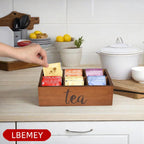LBEMEY Tea Bag Organizer, Wood Tea Storage Containers with 6 Compartments, Sugar Packet Holder,Tea Bag Caddy Box for Cabinet Countertop Office (Brown-Labeled "Tea")