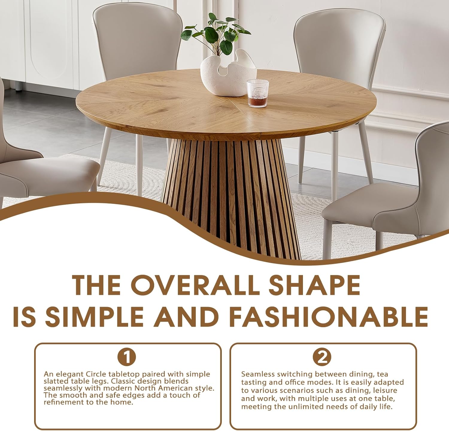 ODC 47" Modern Round Dining Table for 4, Natural Wood Grain Kitchen Table with Slatted Pedestal Base, Mid-Century Round Table for Dining Room, Small Dining Table for Kitchen & Home Office, Table Only