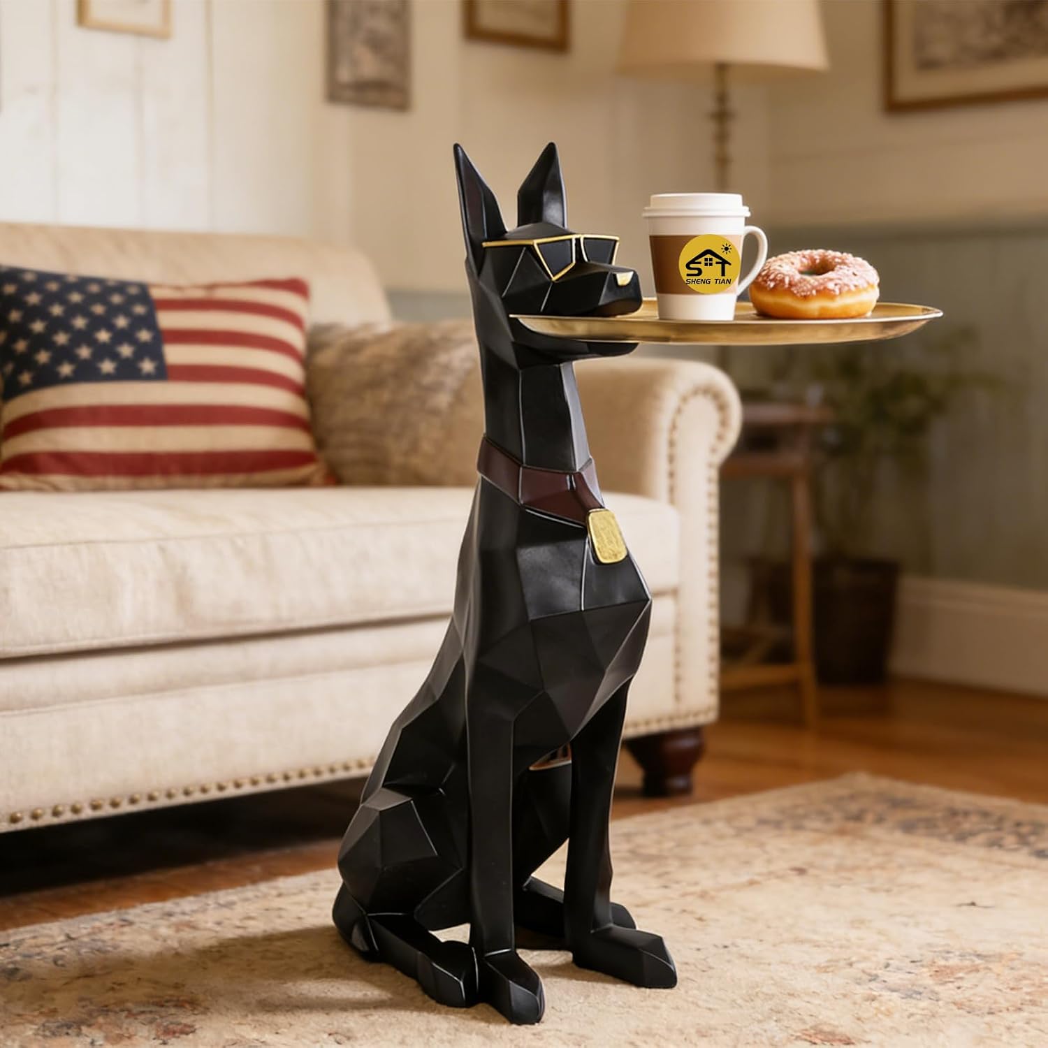29in Geometric Dog Accent Table with Tray Butler Statue Animal Side Table for Modern Home Decor Dog Butler Statue with Tray Animal Accent Table for Living Room, Bedroom, Study, Patio (Black)