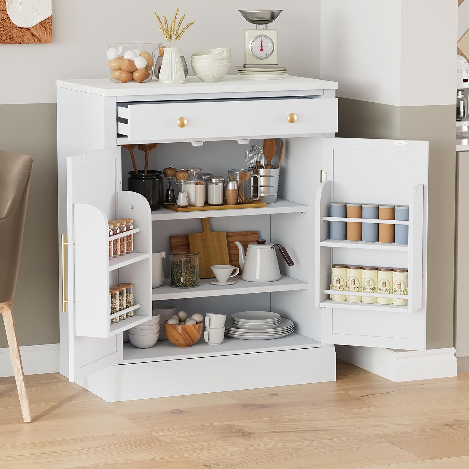 Small Pantry Cabinet with Drawer, Kitchen Storage Cabinet with 2 Adjustable Shelves and 2 Door Shelves, Farmhouse Kitchen Hutch Cabinet Buffet Sideboard Food Storage, White Set of 2