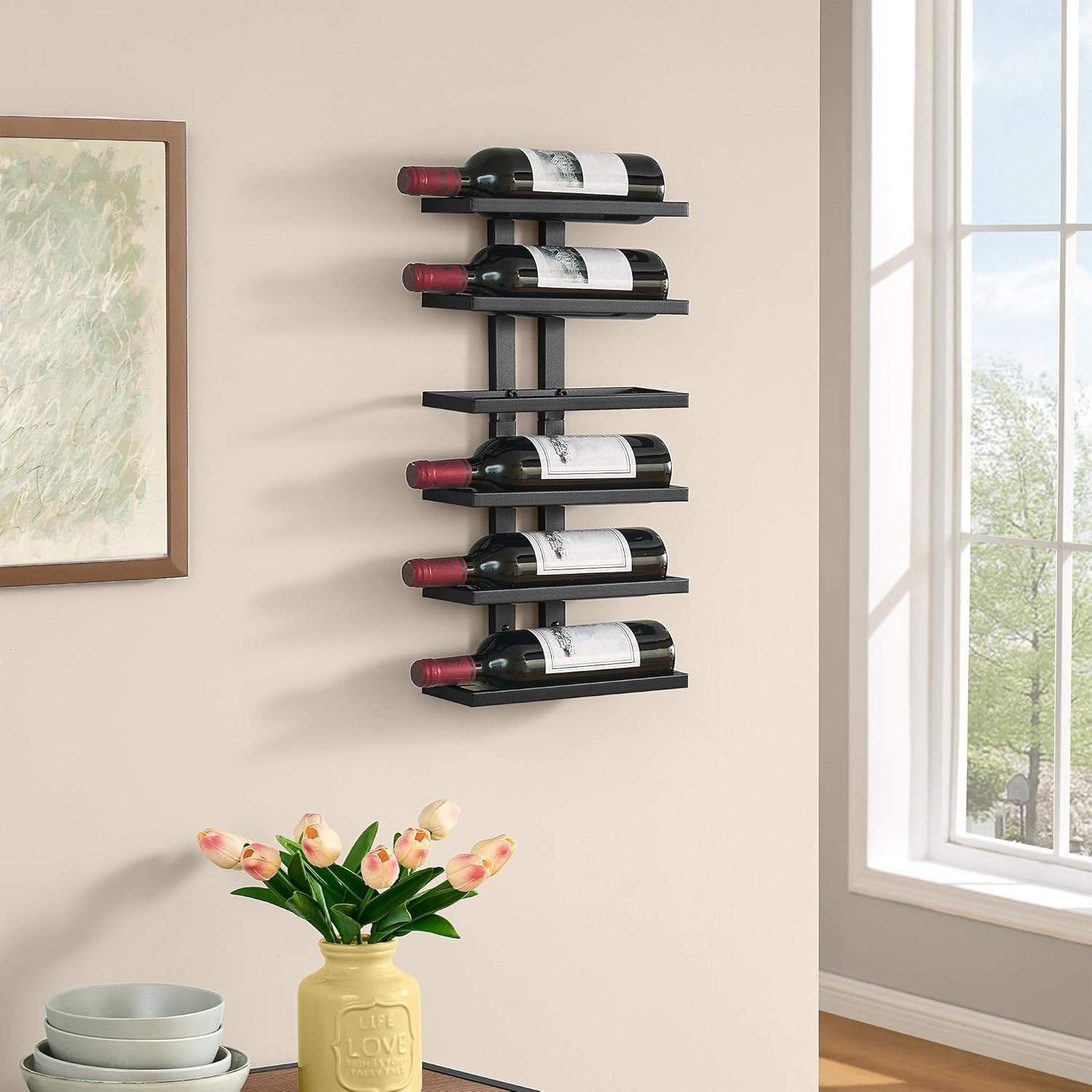 Hoctieon 6 Tier Wall Mount Wine Rack, Wall Racks for Wine Bottles Display and Storage, Hanging Bottle Organizer for Living Room, Dining Room, Wine Cellar, Bar, Black
