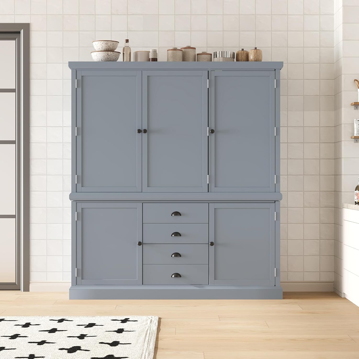 Polibi 73'' Freestanding Wooden Kitchen Pantry Cabinet with Drawers, Adjustable Shelves, and Magnetic Doors, Large Storage Organizer for Dining Room, Kitchen, or Utility Room, Gray