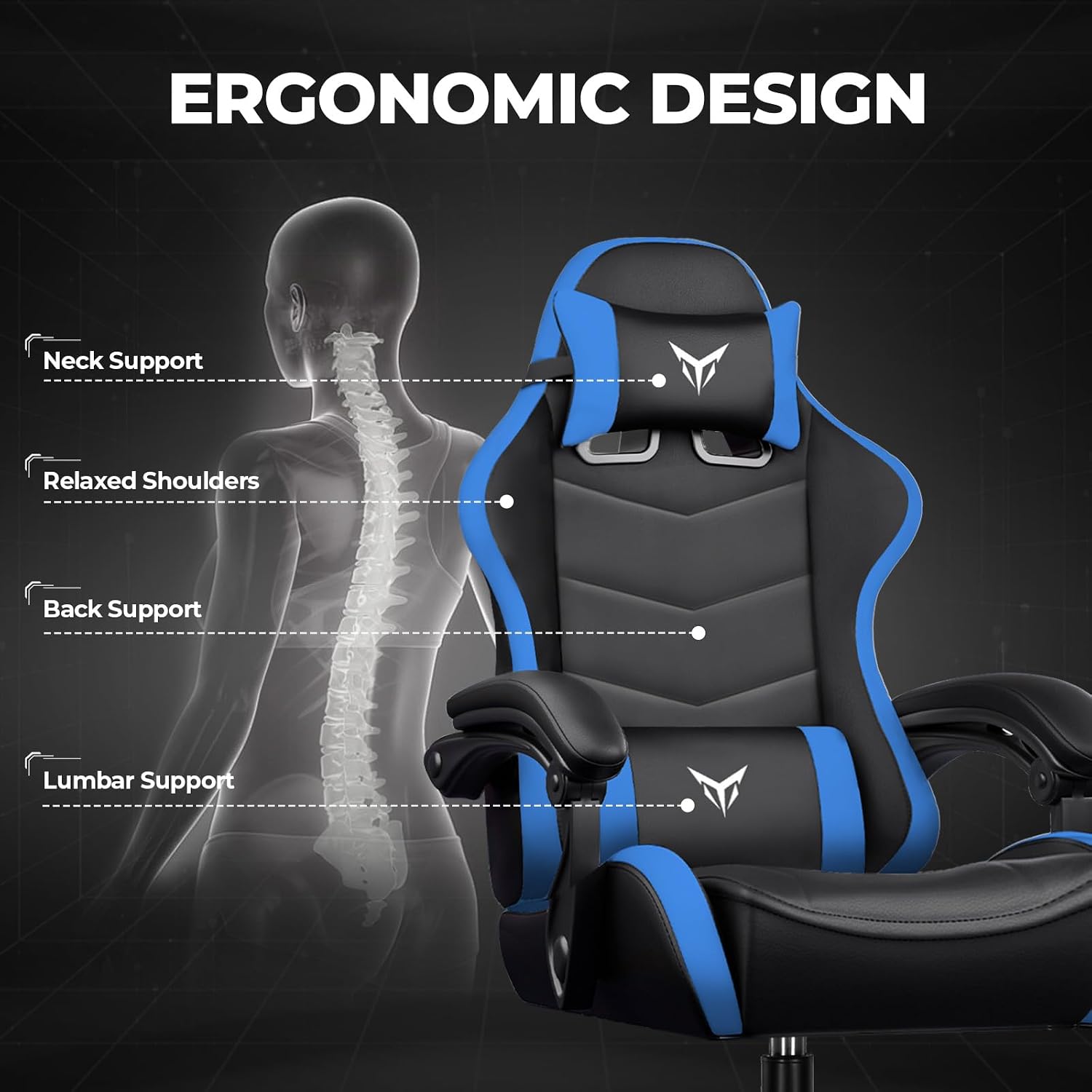 EXRACING Gaming Chair, Ergonomic Computer Chair 350lbs High Back for Adults, Height Adjustable Video Game Chair with Headrest and Lumbar Support, 360° Swivel, PU Leather, Linkage Armrest, Blue