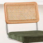 GrandNoor Natural Rattan Bar Stools Set of 2 with Solid Wood Back, 24 Inch Mid Century Modern Counter Height Stools, Green Upholstery Boho Stool for Kitchen Counter with Chrome Metal Legs
