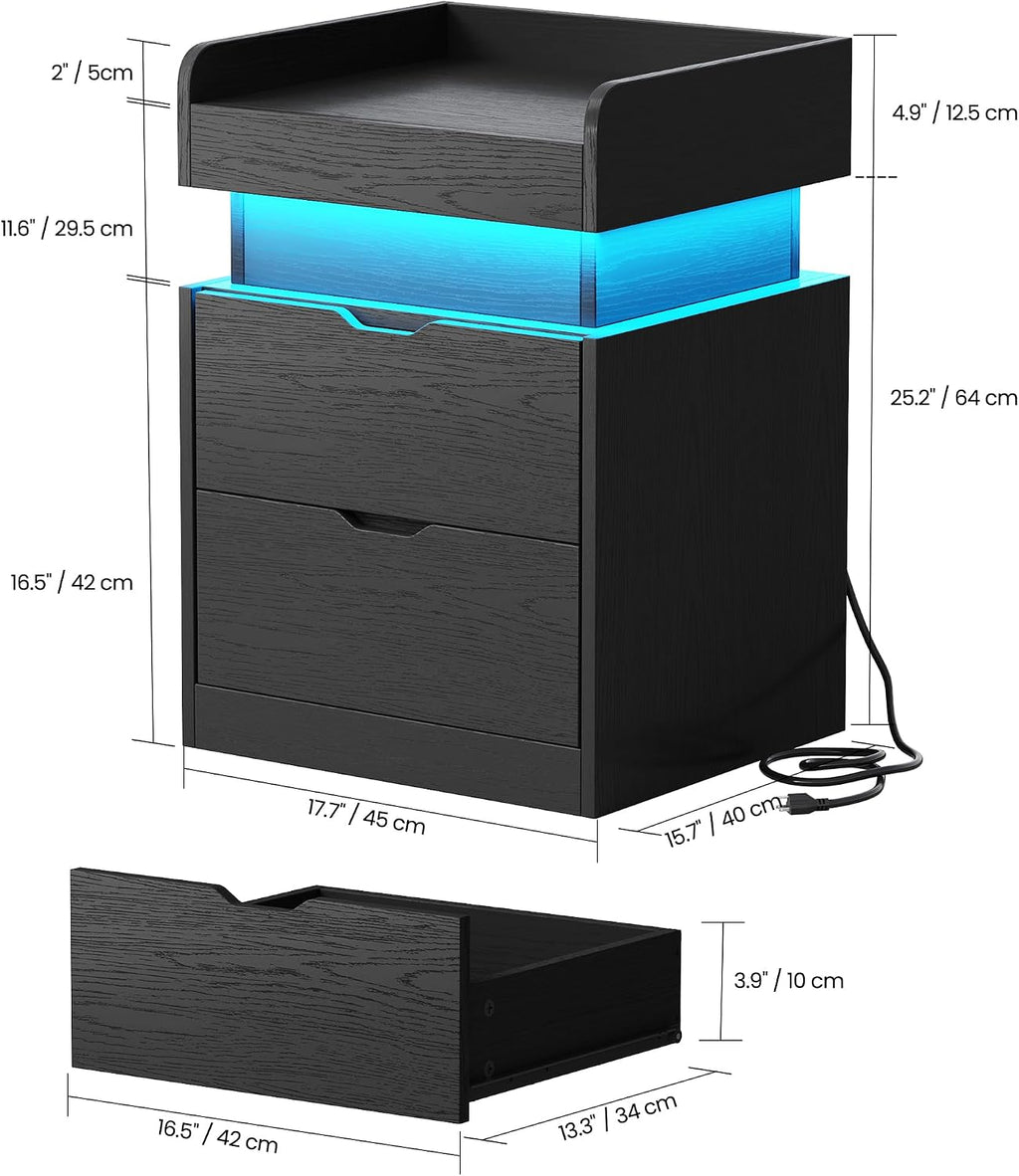 Nightstand with Charging Station and LED Lights, Night Stand with Sliding Top, Modern End Side Table with 2 Drawers, Bedside Table for Bedroom, Living Room, Office, Black