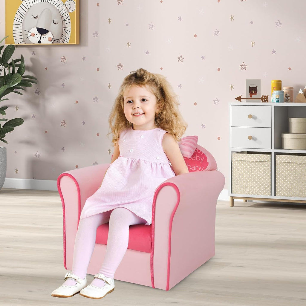 Costzon Kids Pink Couch, Children's Sofa Upholstered Armchair with Velvet Surface & High-Density Sponge, Lightweight Preschool Toddler Chair for Boys Girls, Bedroom Playroom Gift Presents