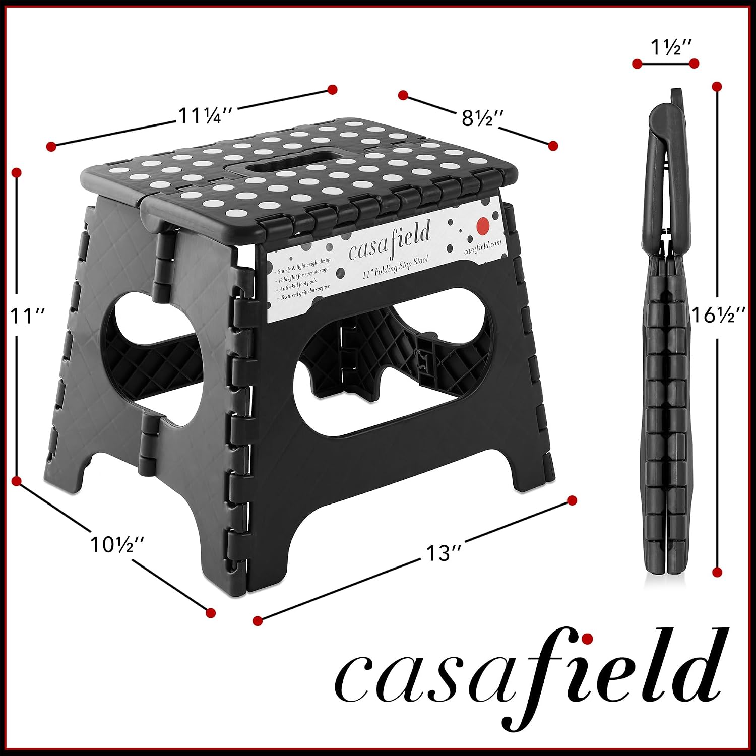 Casafield 11" Folding Step Stool with Handle, Black - Portable Collapsible Small Plastic Foot Stool for Kids and Adults - Use in the Kitchen, Bathroom and Bedroom