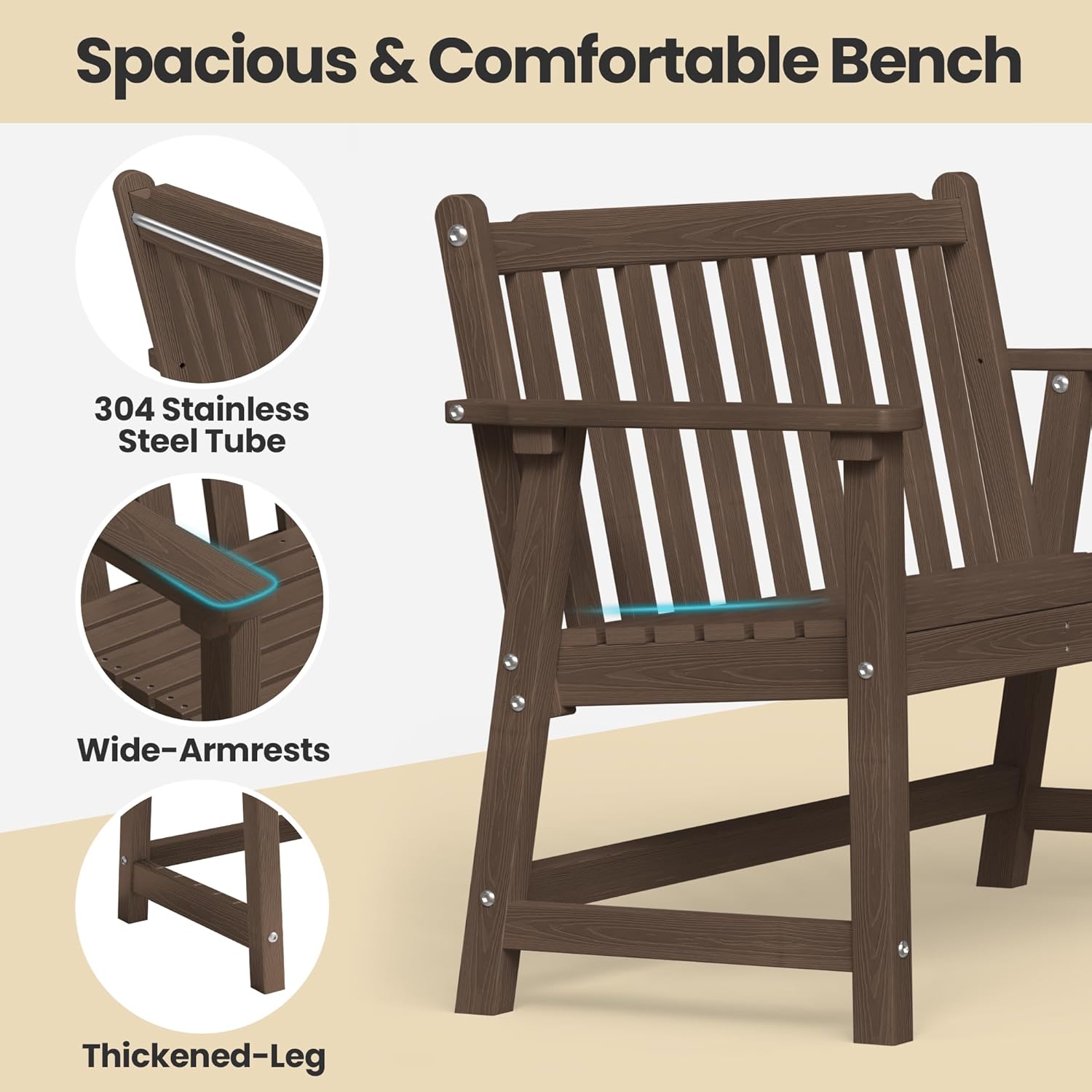 Ciokea 48" Outdoor Bench, HDPE Weatherproof Porch Bench, 2-Person Garden Benches with 550 Lbs, Waterproof Patio Benches for Outside Balcony Deck Backyard, Brown