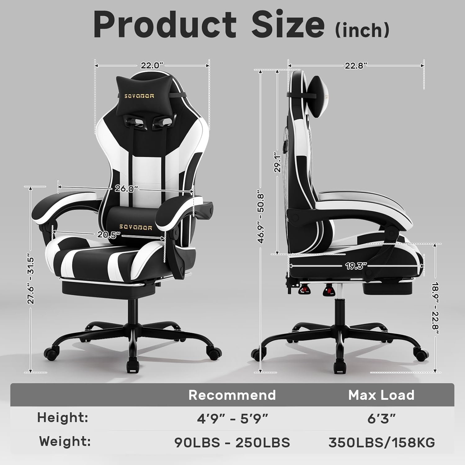 Ergonomic Gaming Chair,A Versatile 3-in-1 Video Game Chair for Work, Study, and Gaming,Features an Adjustable Backrest, Footrest, and Linked Armrests Office Chair for Adults,Blackwhite