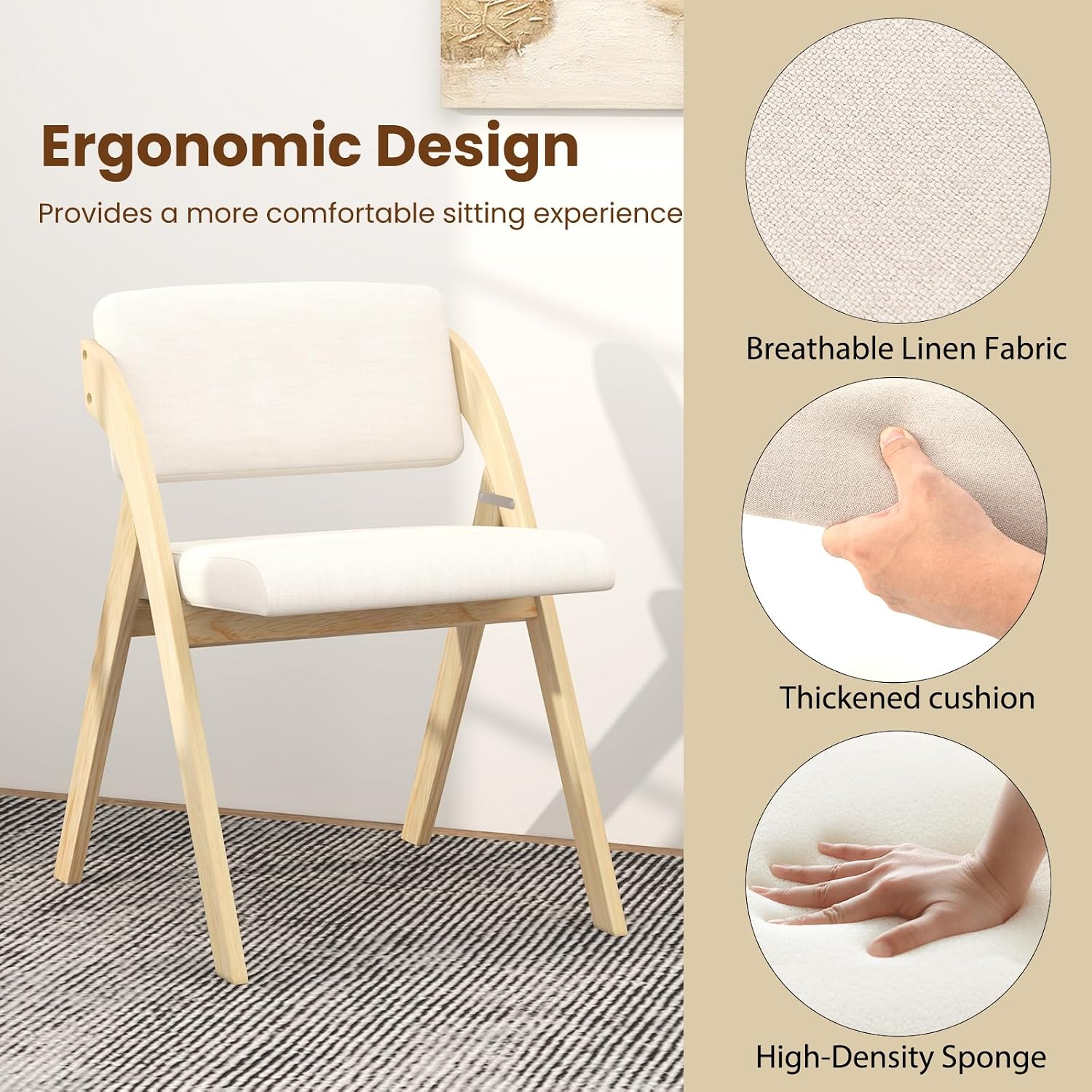 POWERSTONE Folding Chairs Set of 2 with Cushion, Modern Foldable Kitchen Dining Chairs with Rubber Wood Legs for Guests Home Office Wedding Party, No Assembly Natural
