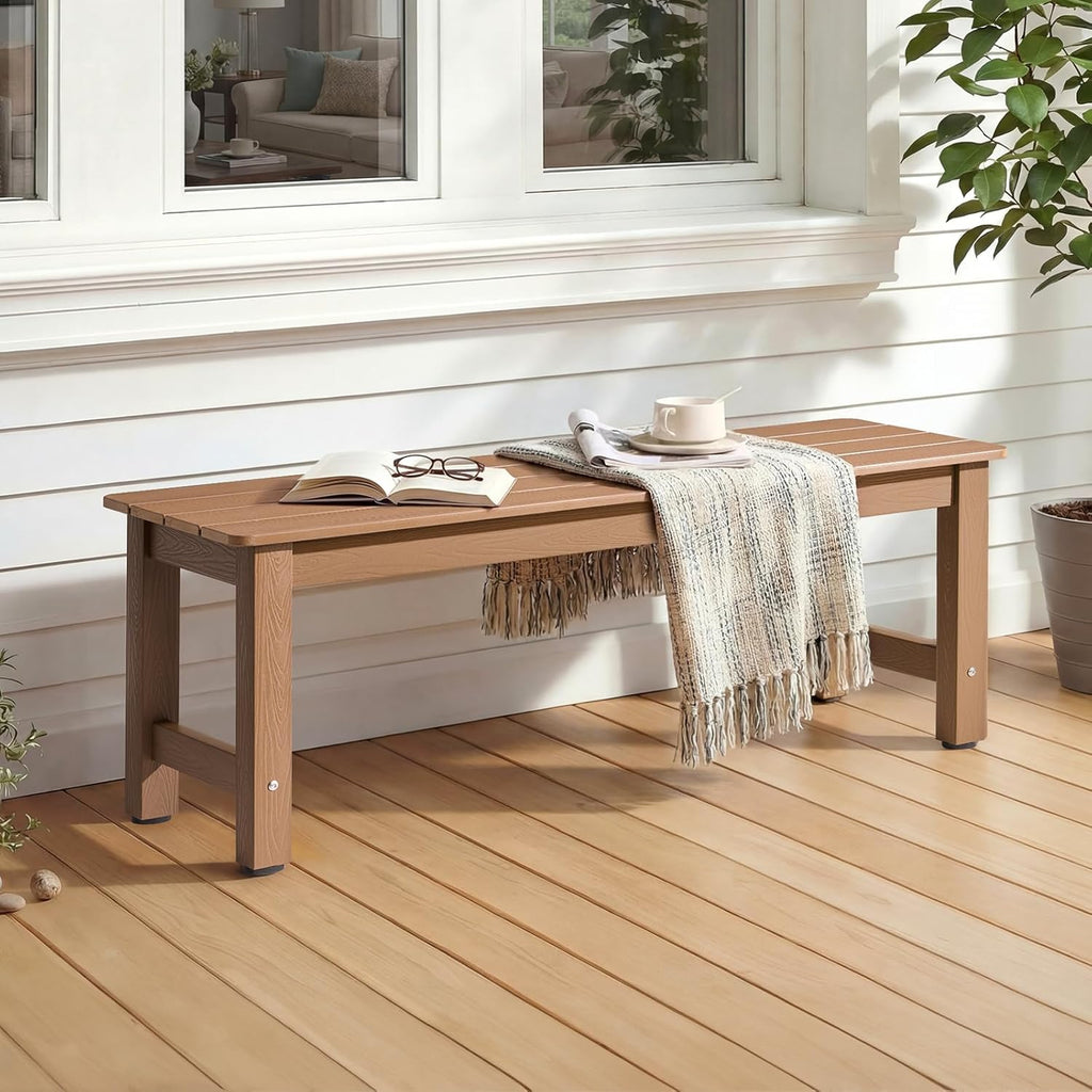 ONBRILL Outdoor Benches Weatherproof, 2-Person Poly Lumber Garden Bench, All-Weather Patio Bench Will not Rot and Fade for Garden, Porch, Backyard and Park, Easy Installation, Brown
