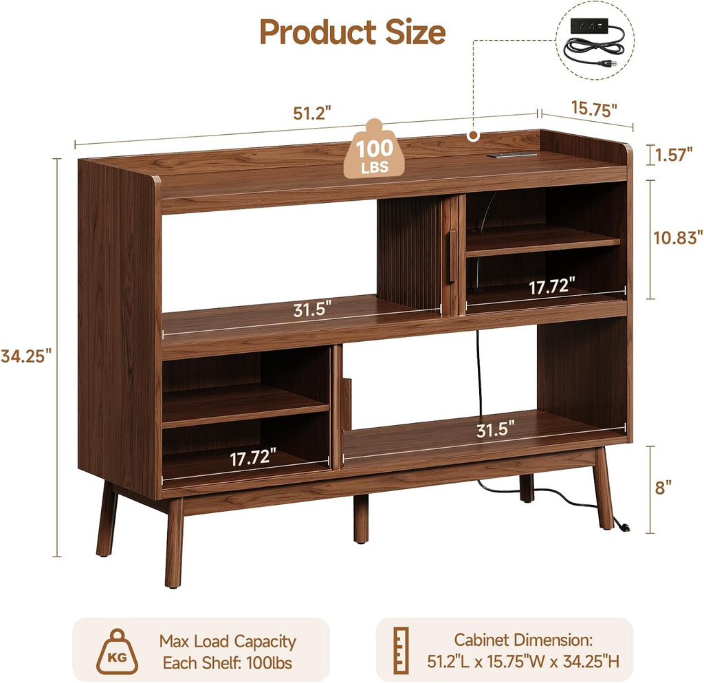 ONBRILL 51.2" Sideboard Buffet Cabinet with Outlet & 2Open Storage Spaces, Fluted Sideboard Cabinet with Sliding Door & Adjustable Shelves, Mid-Century Accent Coffee Bar Console Table with Wooden Feet