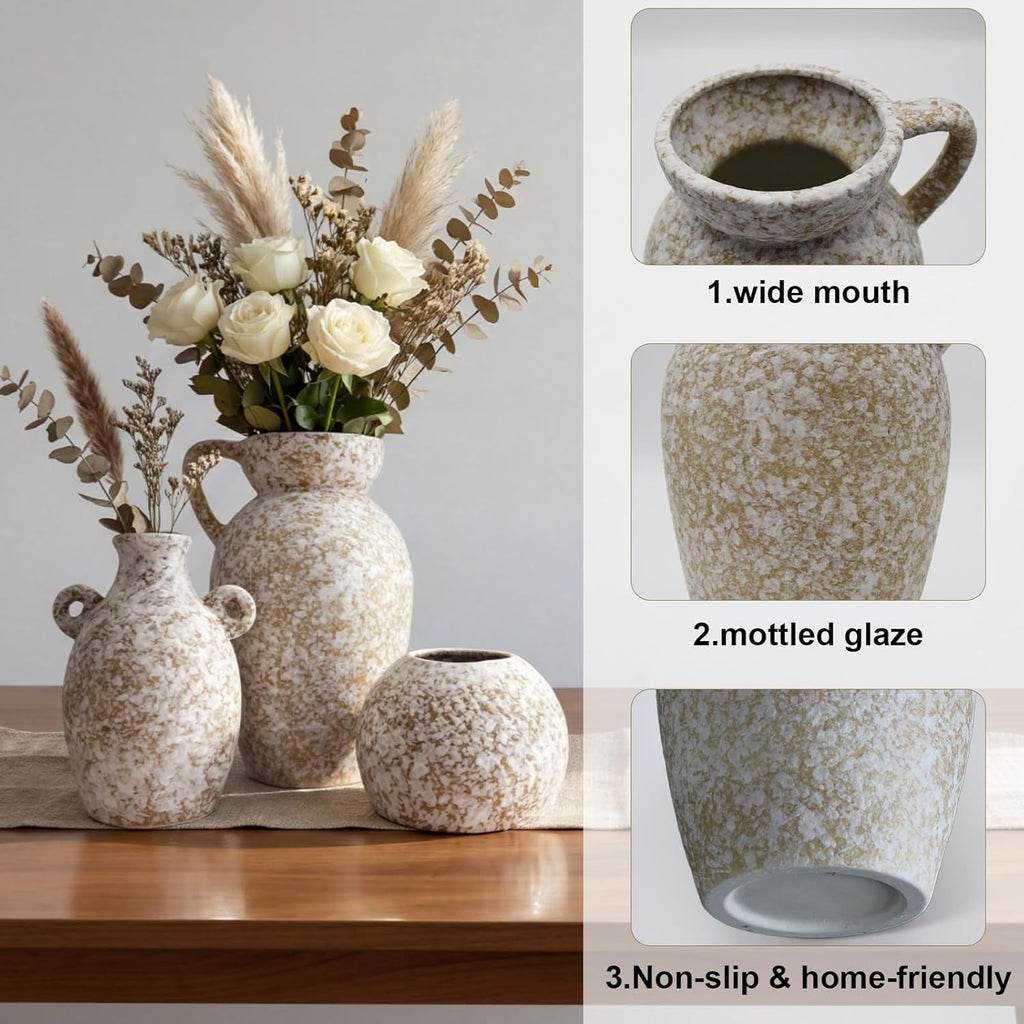 Modern Rustic Farmhouse Ceramic Vase Set of 3, Handmade Speckled Pottery Vases for Table Decor, Small Decorative Vase Centerpiece for Living Room, Mantel & Shelf Styling