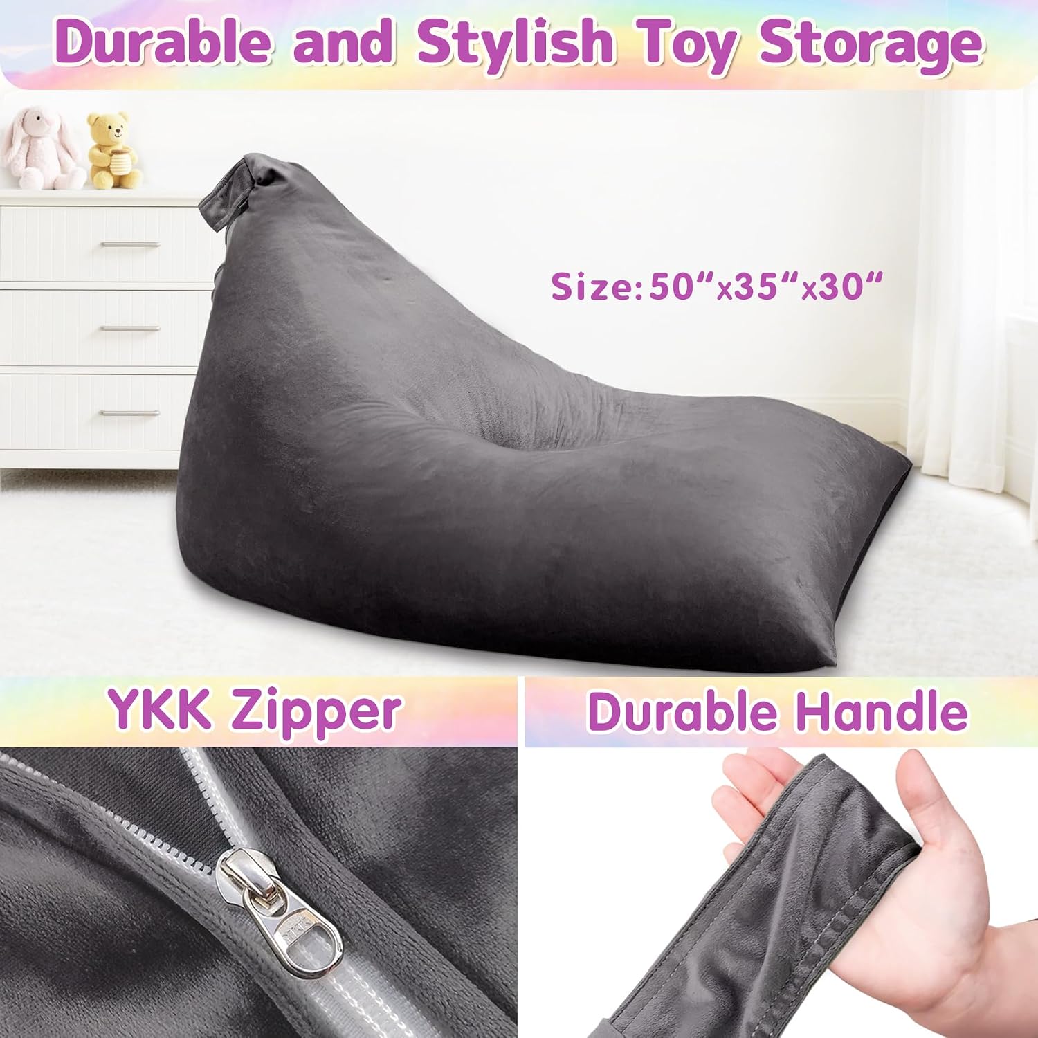 Jorbest Stuffed Animals Storage Bean Bag Chair for Kids and Adults, Stuffed Animals Bean Bag Storage, Luxury Velvet Stuffie Seat - COVER ONLY(Dark Grey 200 L/52 Gal)