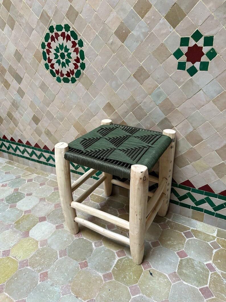 Moroccan Handwoven Stool, Rustic Wooden Footstool with Green Geometric Woven Seat, Small Portable Ottoman for Living Room Bedroom, Bohemian Farmhouse Accent Chair