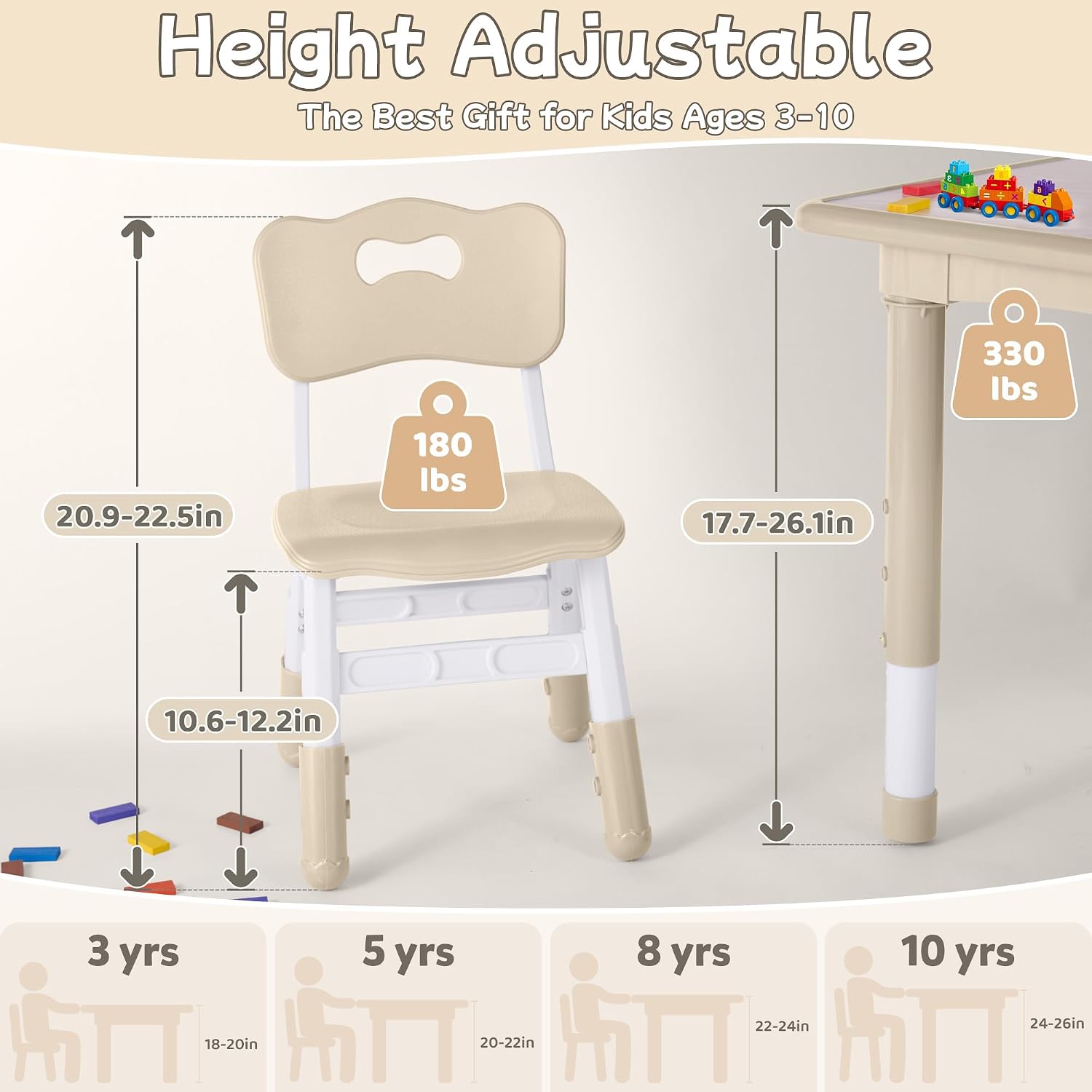 GITAWUSA Toddler Table and Chair Set, Height Adjustable-Upgrade Kids Table and 4 Chairs for Ages 3-8, Multi-Activity Toddler Play Table with Graffiti Desktop for Home/Daycare (4Chairs Beige)