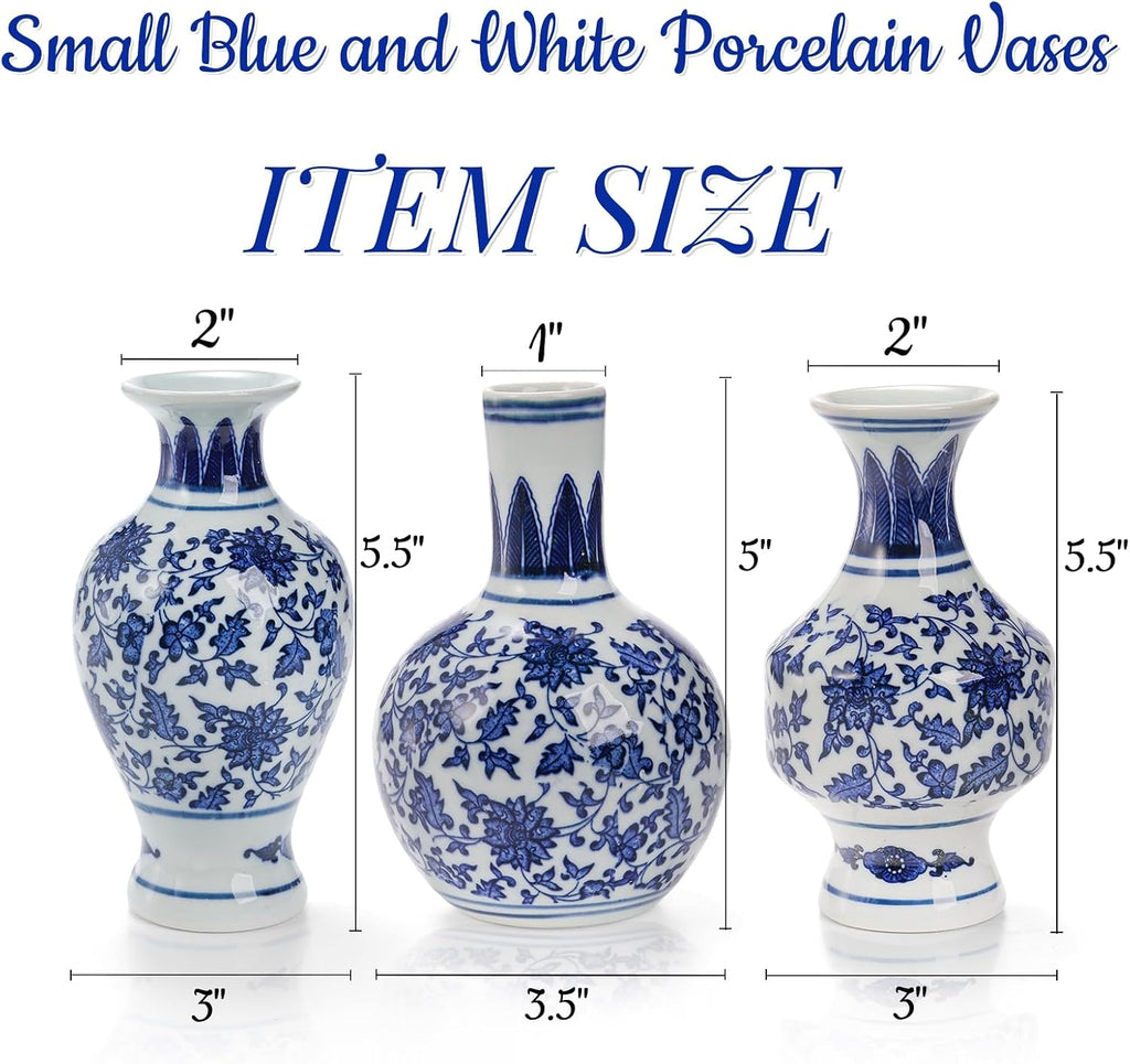Goaste 3 Pack Small Blue and White Porcelain Vases, 5.5 Inch Tall Mini Vintage Vases, Classic Decorative Bud Vase, Chinoiserie Ceramic Vase for Home Decor, Office, Party Decoration and Events