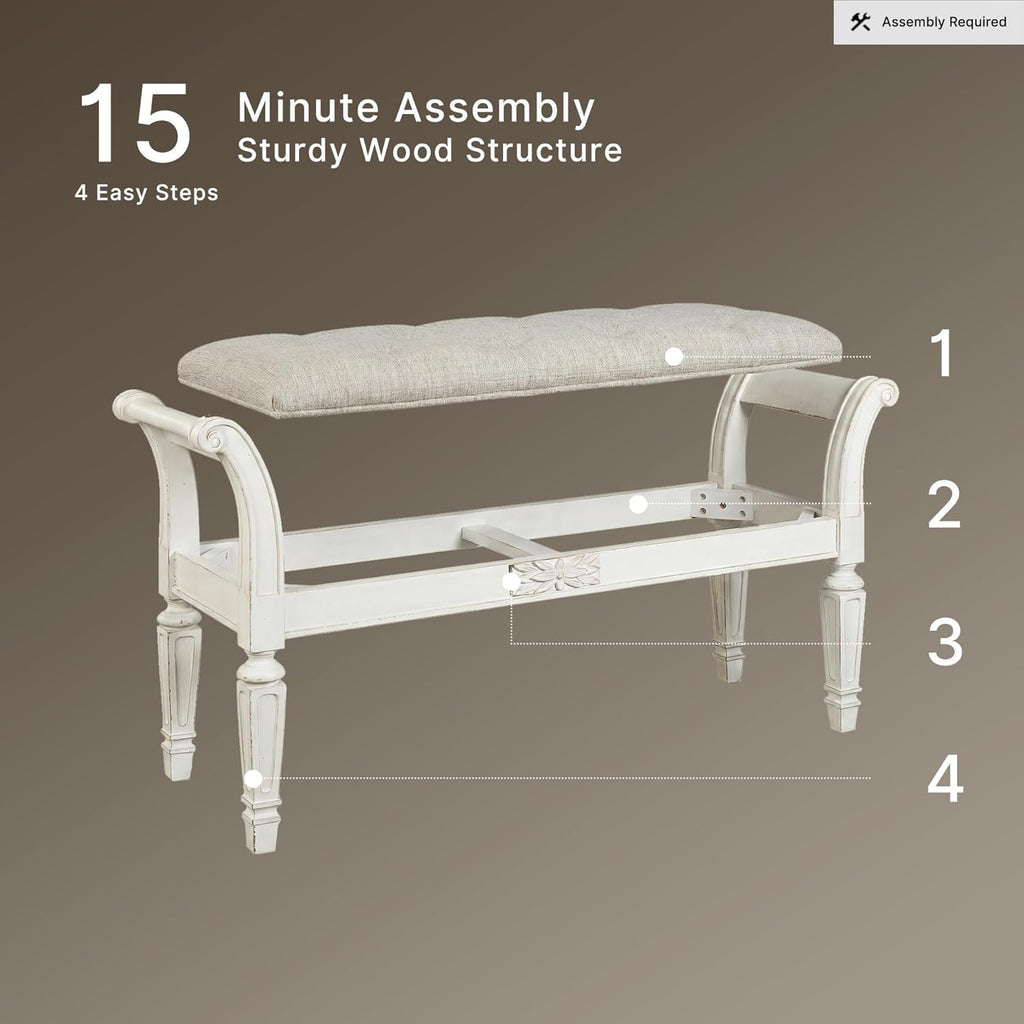 Signature Design by Ashley Realyn French Country Upholstered Tufted Accent Bench with Foam Cushion and Scrolled Arms, Wood Frame, 25.88" High, Antique White