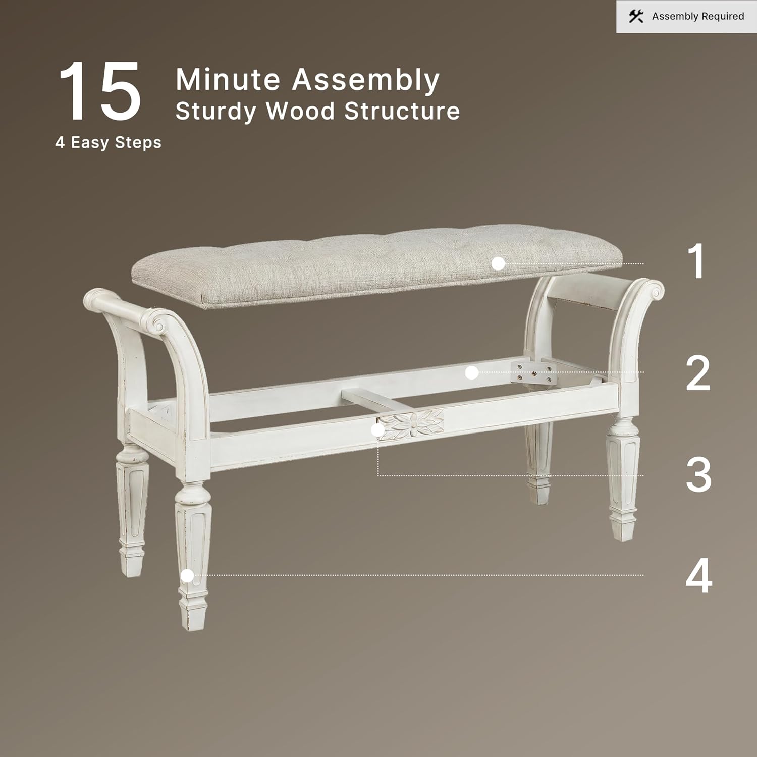 Signature Design by Ashley Realyn French Country Upholstered Tufted Accent Bench with Foam Cushion and Scrolled Arms, Wood Frame, 25.88" High, Antique White