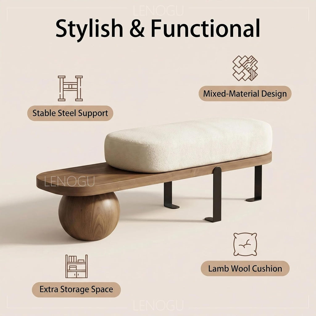 Modern Entryway Bench with Abstract Metal Leg,Wooden Boucle Bench,Upholstered End of Bed Bench,Shoe Changing Bench for Entryway Livingroom Bedroom (140cm/55)
