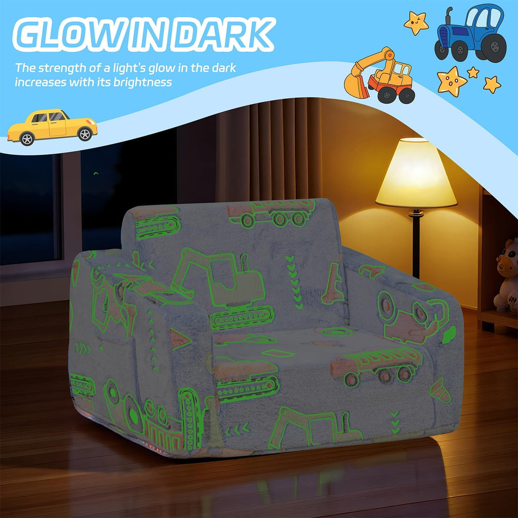 Toddler Couch 2-in-1 Glow in The Dark - Convertible Kids Sofa Chair to Lounger, Soft Plush Fold-Out Sofa Bed with Side Pocket, Washable Cover, Safe Non-Toxic Furniture for Boys Girls (Blue Car)