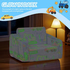 Toddler Couch 2-in-1 Glow in The Dark - Convertible Kids Sofa Chair to Lounger, Soft Plush Fold-Out Sofa Bed with Side Pocket, Washable Cover, Safe Non-Toxic Furniture for Boys Girls (Blue Car)