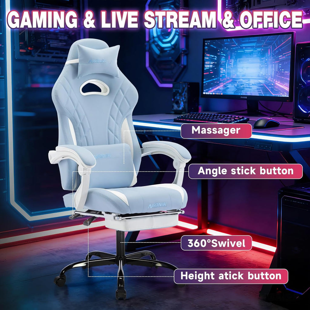 Gaming Chair with Footrest and Massage Lumbar Support, Ergonomic Computer Gamer Chair, Office Video Game Chairs (Cyan White)