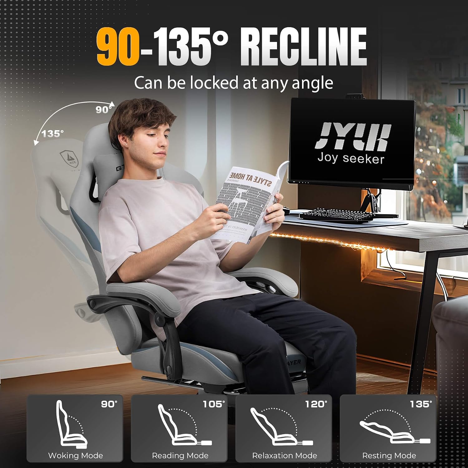 GTPLAYER Gaming Chair with Foot Rest & Pocket Spring Cushion, Breathable Fabric for Home Office Desk, Ergonomic High Back Computer Chair with Headrest & Lumbar Support, Gray