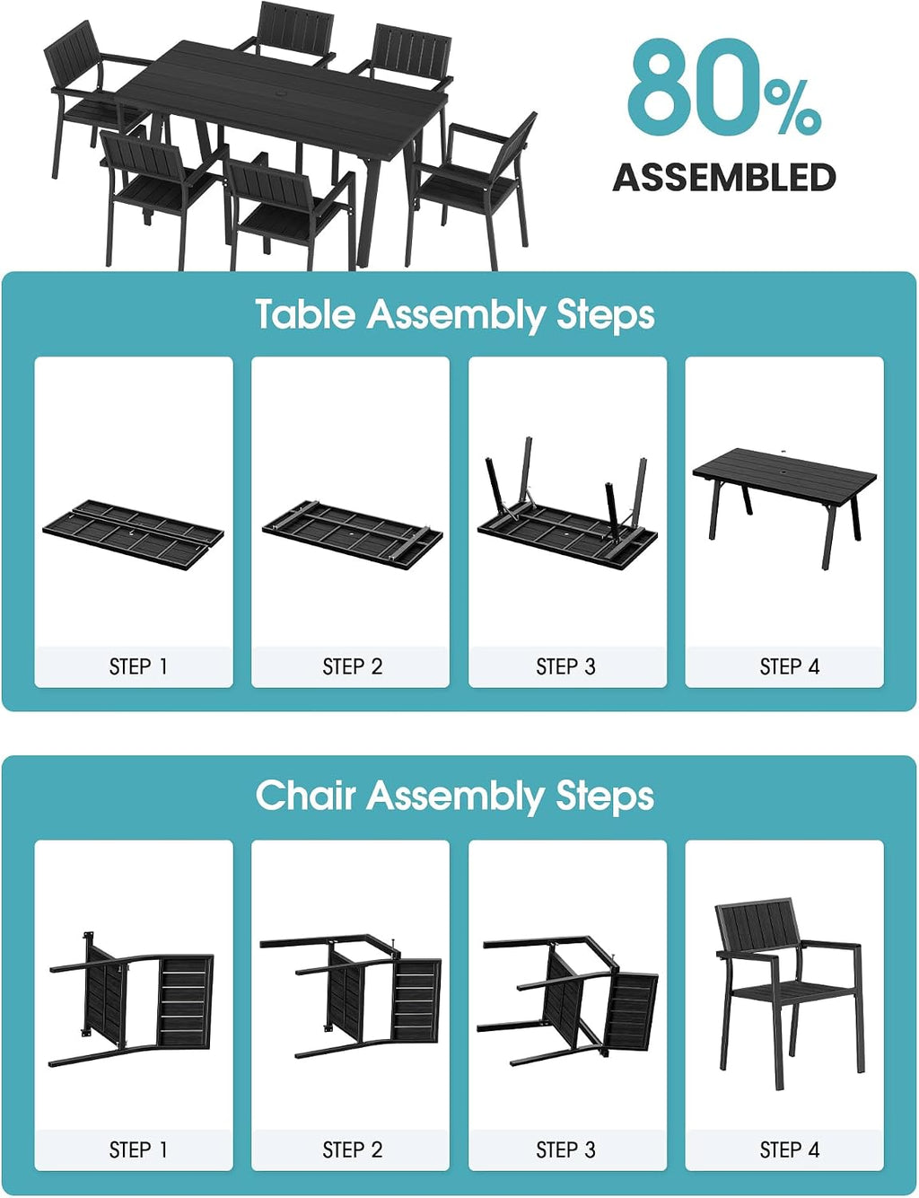 Ciokea Aluminum Patio Dining Chairs Set of 2, Outdoor Stackable Chairs with Wide Seat, All-Weather HDPS Oversized Porch Chair for Backyard, Poolside, Lawn & Garden, Deck | 2-Piece, Black
