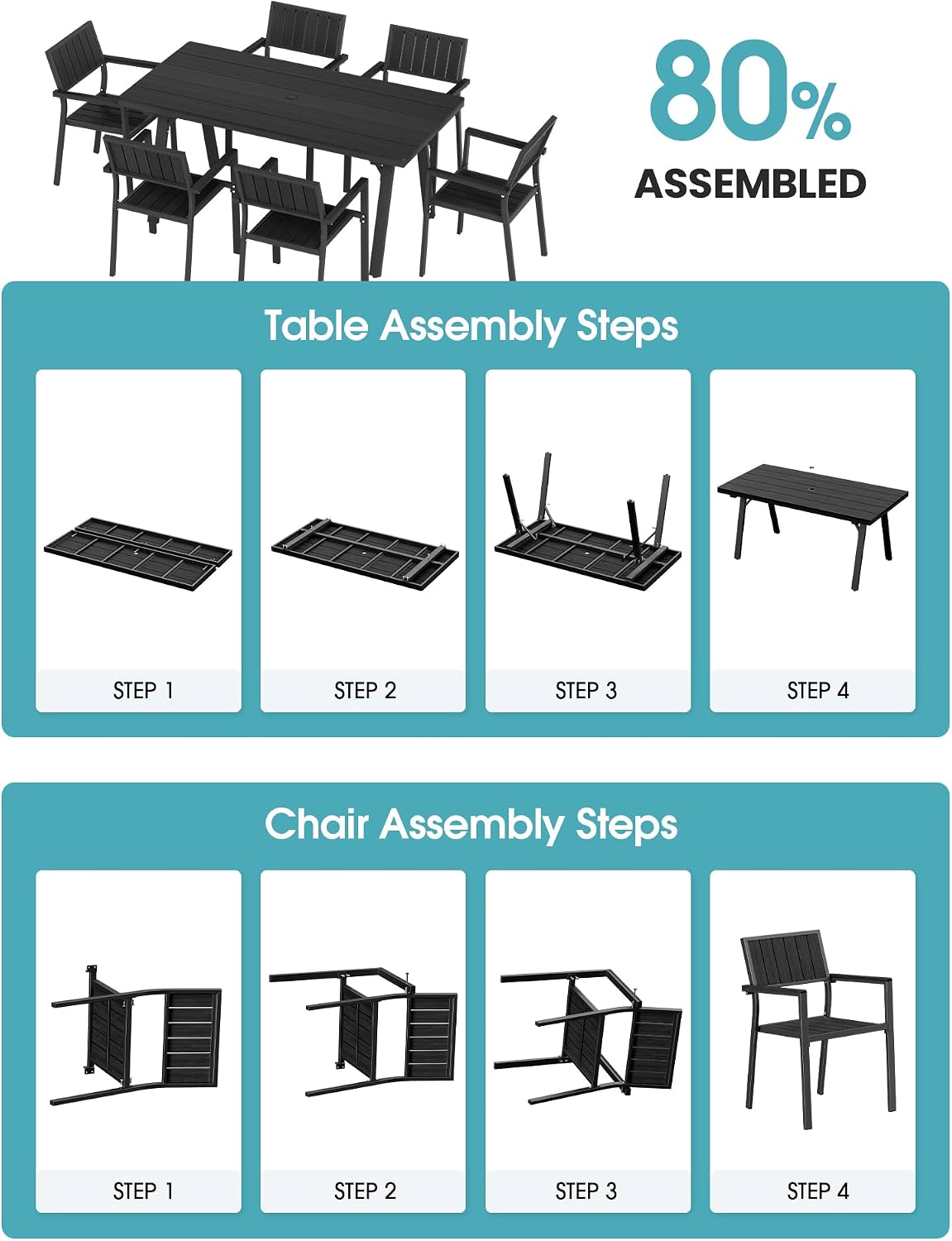 Ciokea Aluminum Patio Dining Chairs Set of 2, Outdoor Stackable Chairs with Wide Seat, All-Weather HDPS Oversized Porch Chair for Backyard, Poolside, Lawn & Garden, Deck | 2-Piece, Black