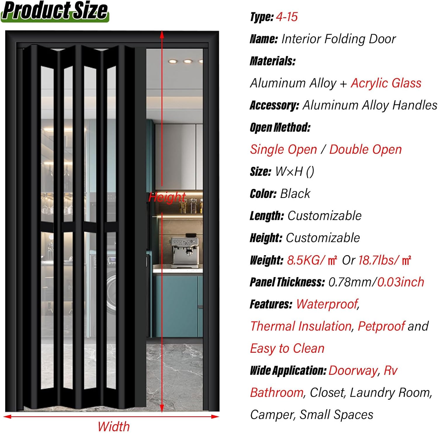 Custom Aluminum Panel Sliding Accordion Door, Interior & Outdoor Use for Bedroom Kitchen Office Hallway Shed, Customizable Closet Barn Panels, Custom Size Color