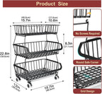 3-Tier Rolling Pantry Cart with Wheels, Stackable Wire Storage Floor Organizer for Kitchen Pantry Snack Shelves, Fruit Basket Stand, Vegetable Storage Rack for Food Snacks Onion Potato