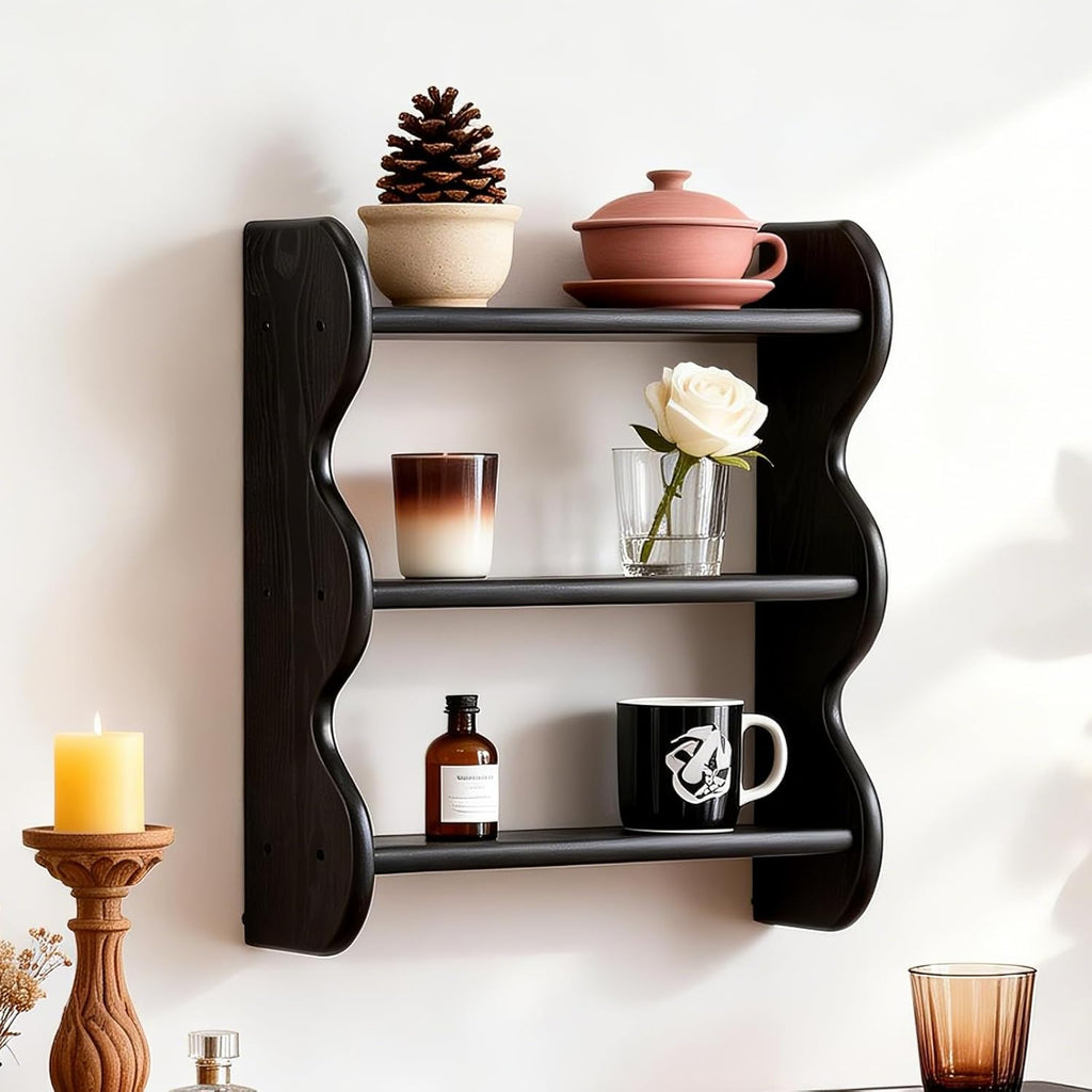Drink Table,Solid Wood Floating Shelf, Vintage Wall Shelves Wall Mounted Storage Rack 3-Tier,Rattan Round Small Side Table for Small Spaces