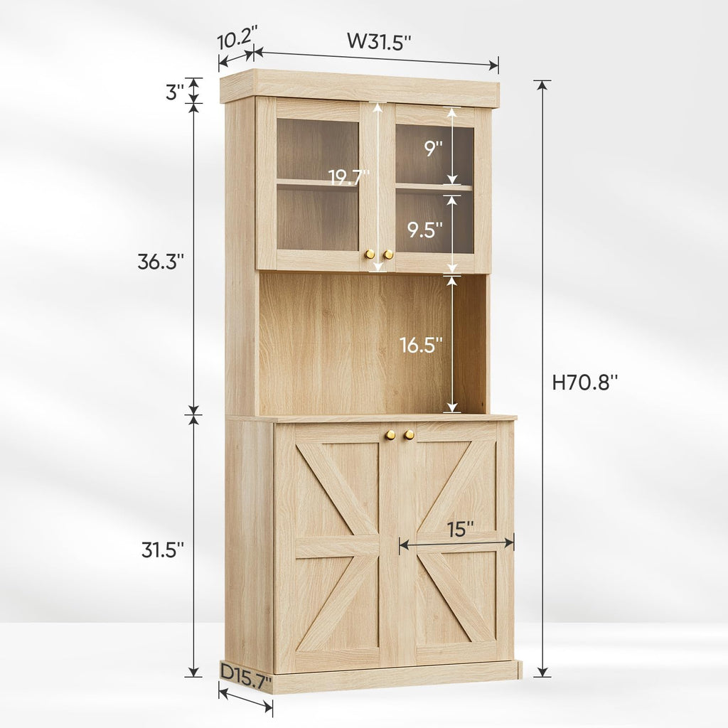 ivaniti 71" Tall Farmhouse Kitchen Pantry, Large Storage Cabinet with Glass Doors, Freestanding Coffee Bar Hutch with Microwave Stand, Adjustable Shelves for Kitchen, Living Room, Brown 4 Pcs