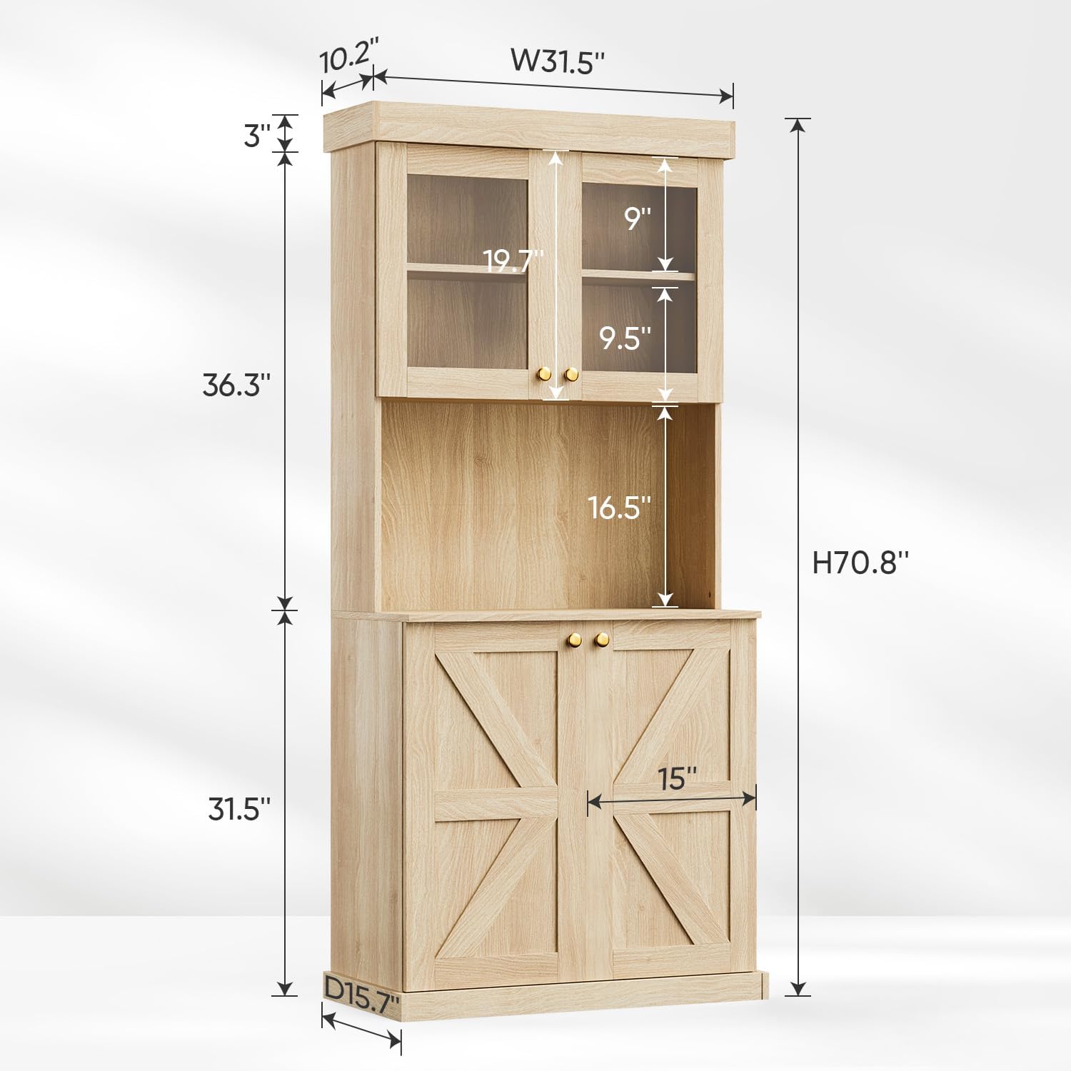 ivaniti 71" Tall Farmhouse Kitchen Pantry, Large Storage Cabinet with Glass Doors, Freestanding Coffee Bar Hutch with Microwave Stand, Adjustable Shelves for Kitchen, Living Room, Brown 4 Pcs