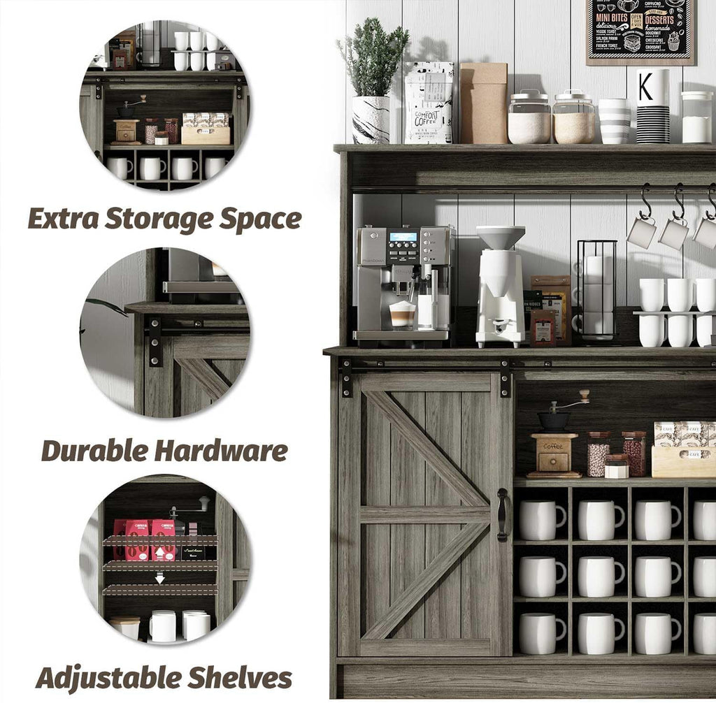 4ever2buy Farmhouse Coffee Bar Cabinet with 8 Hooks, 55” Kitchen Hutch Cabinet with Storage, Gray Coffee Bar with Sliding Barn Doors and 12 Racks for Living Dining Room, Wash Gray