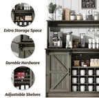 4ever2buy Farmhouse Coffee Bar Cabinet with 8 Hooks, 55” Kitchen Hutch Cabinet with Storage, Gray Coffee Bar with Sliding Barn Doors and 12 Racks for Living Dining Room, Wash Gray