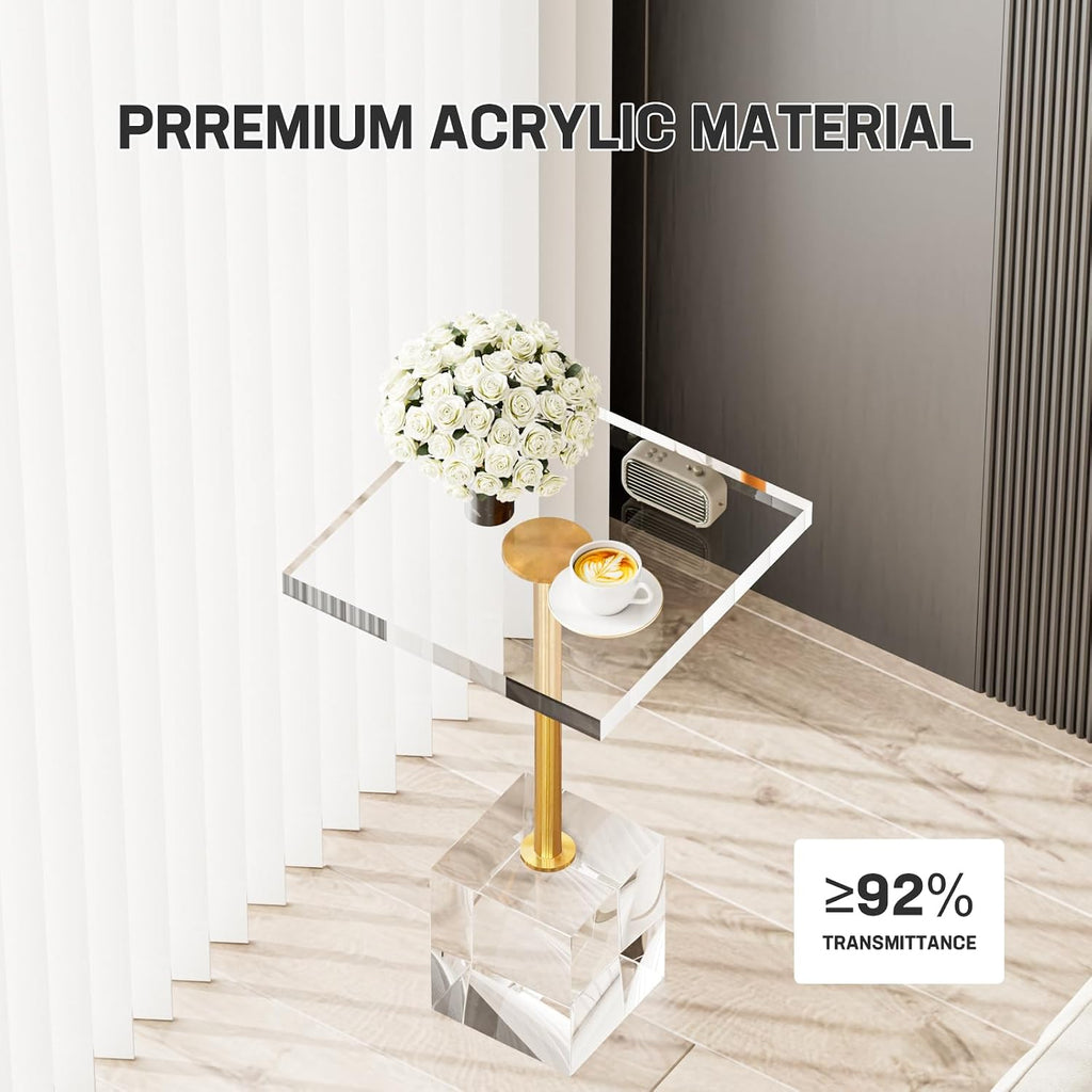 Acrylic End Table, Square Acrylic Drink Table with Metal Support Base, Modern Clear End Table for Living Room, Bedroom, Transparent Nightstand, 12.6" W x 12.6" D x 20.9" H, Easy Assembly