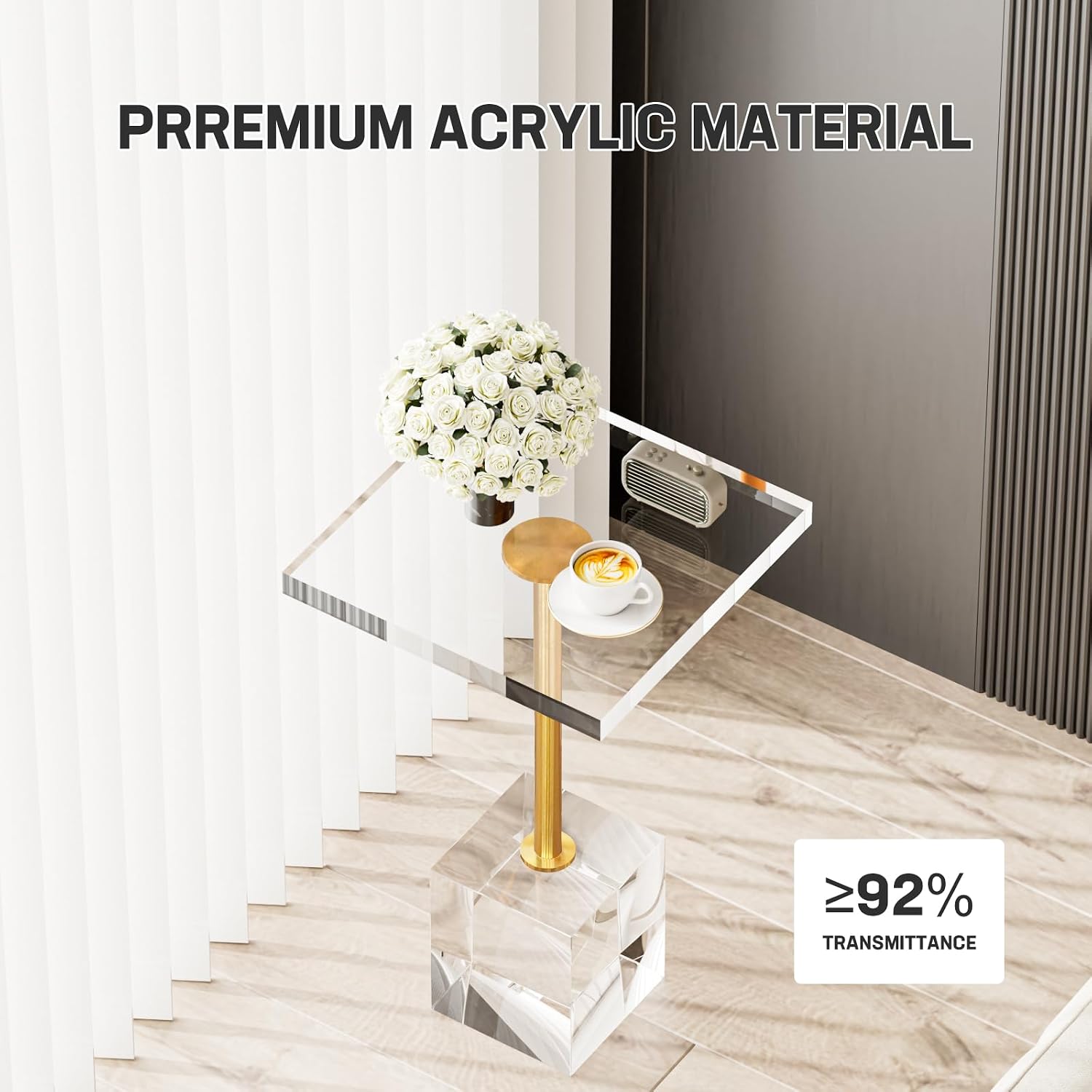 Acrylic End Table, Square Acrylic Drink Table with Metal Support Base, Modern Clear End Table for Living Room, Bedroom, Transparent Nightstand, 12.6" W x 12.6" D x 20.9" H, Easy Assembly