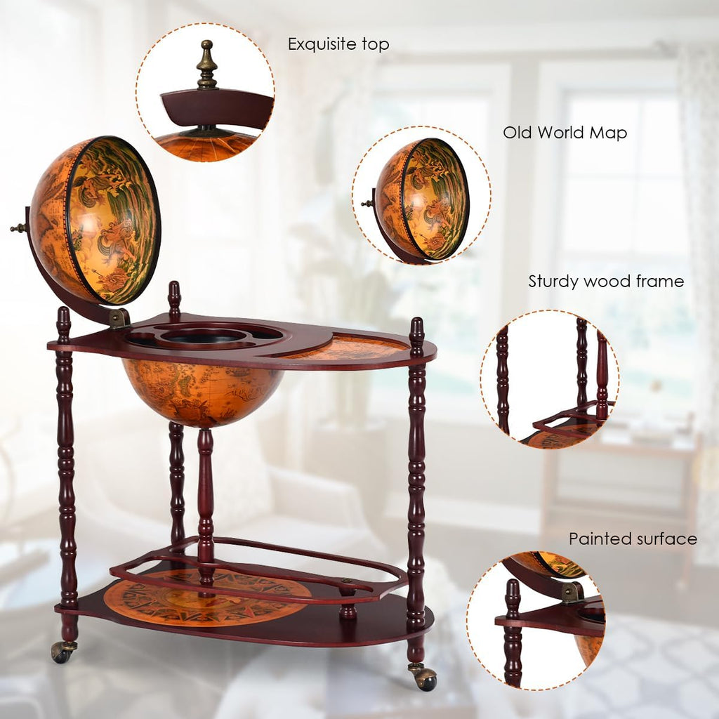 LDAILY Globe Bar, 34.5”Wood Wine Bar Stand with Wheels, Bottom Shelf & Old World Map, 16 Century Italian Replica Globe Bar Liquor Cabinet, Large Capacity Bar Cart for Home, Restaurant, Party
